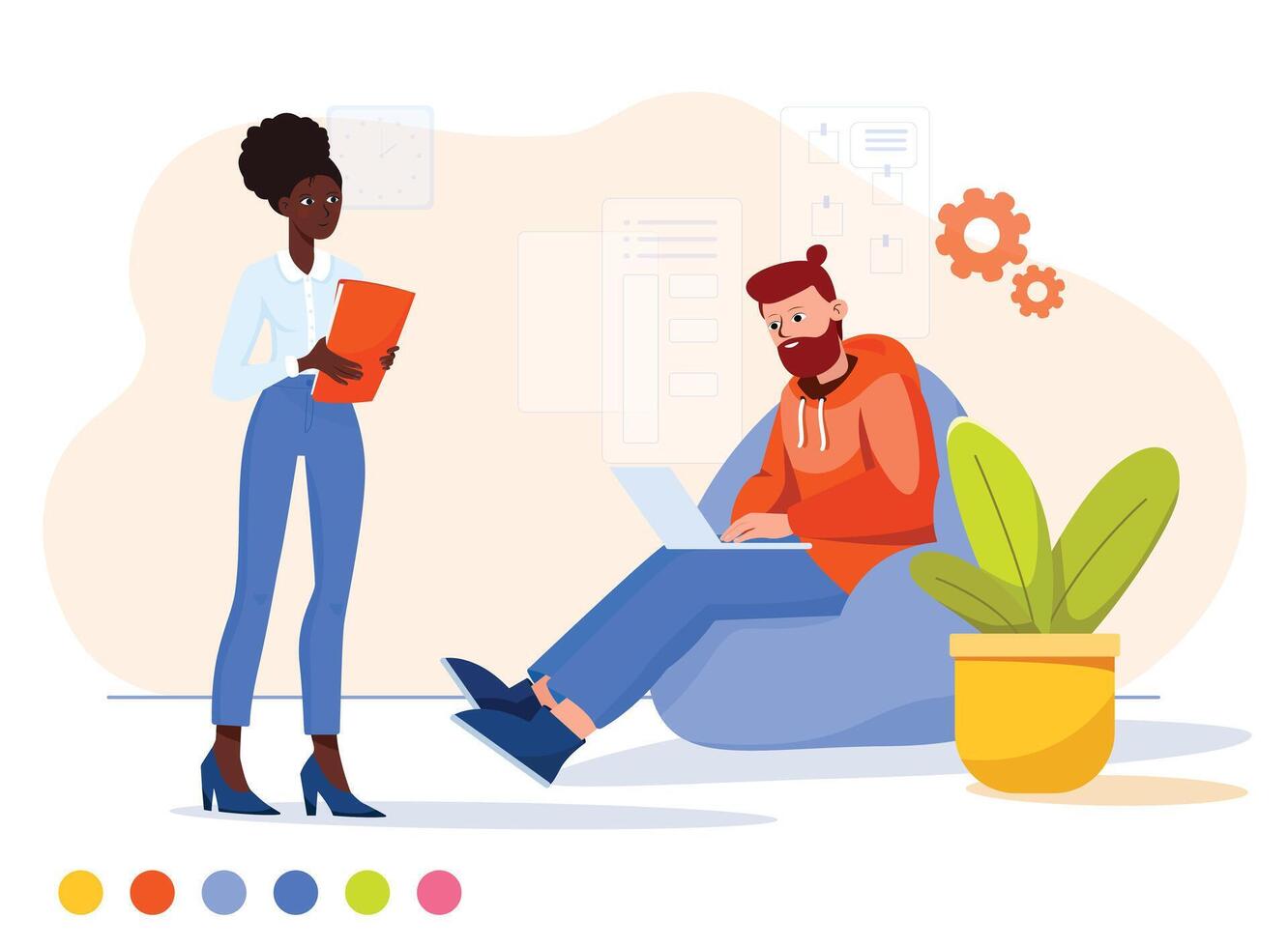 Flat illustration working in the office. Afro girl employee talking to a manager sitting on a pouffe with a laptop vector