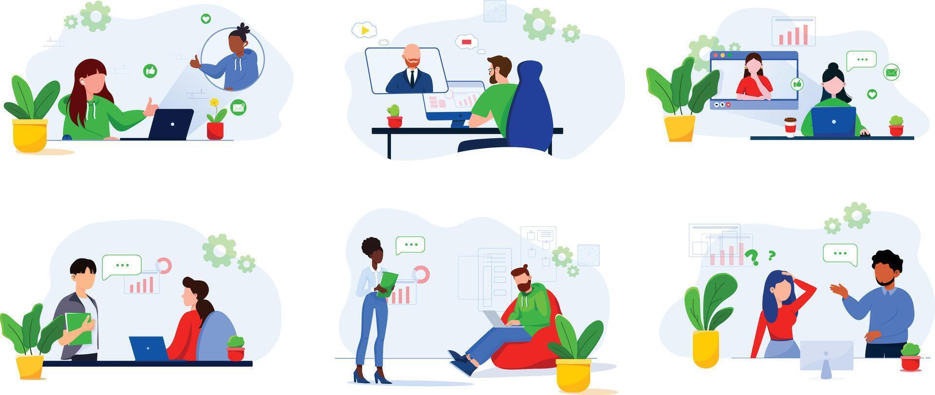 Big set of flat illustrations of office workers, managers. Remote work, online conference. Feedback from employees and managers. Marketing department in a big company isolated concept vector