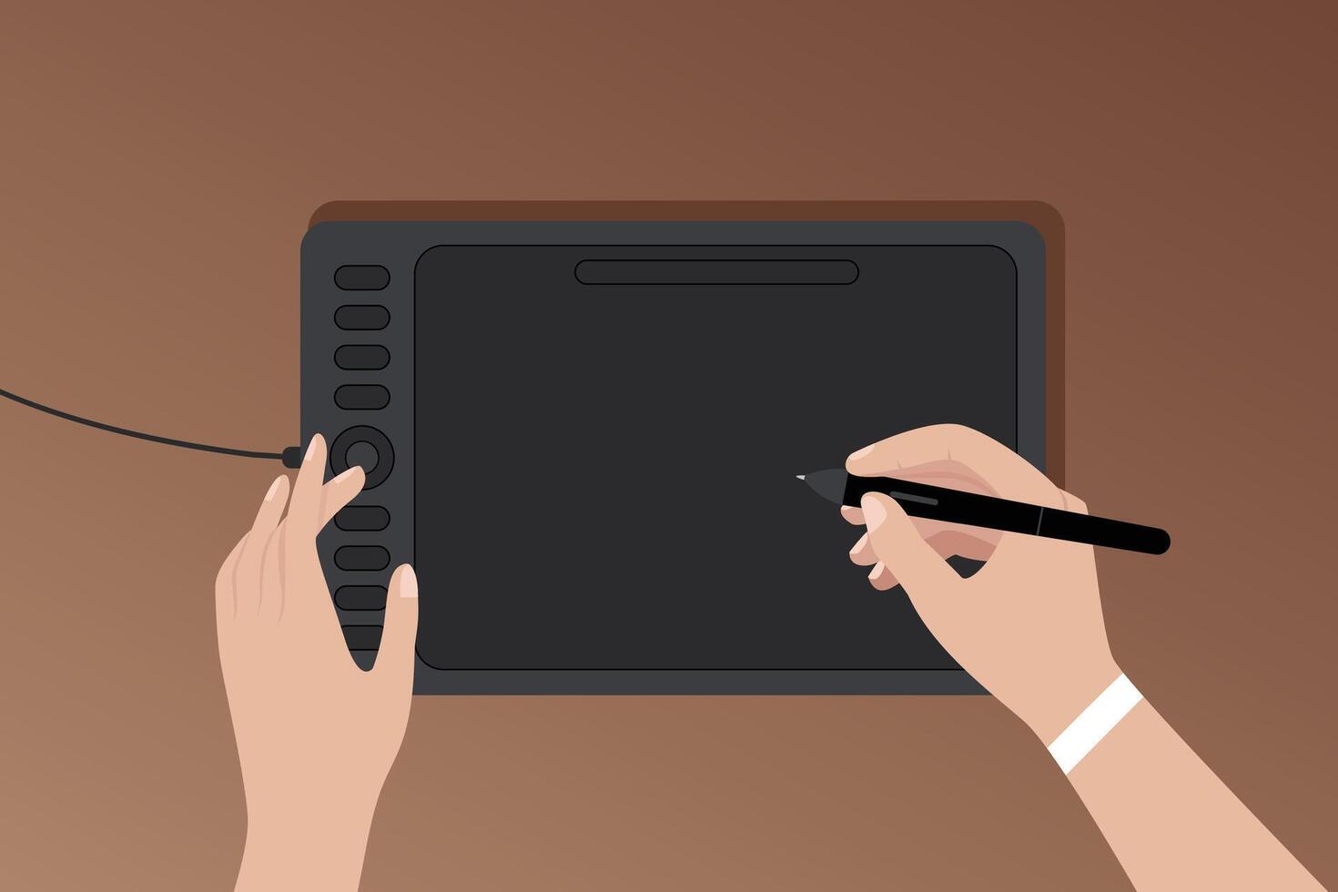 cartoon illustration of a graphic tablet of close hands, a girl holds a stylus and draws on a graphic tablet close-up. vector