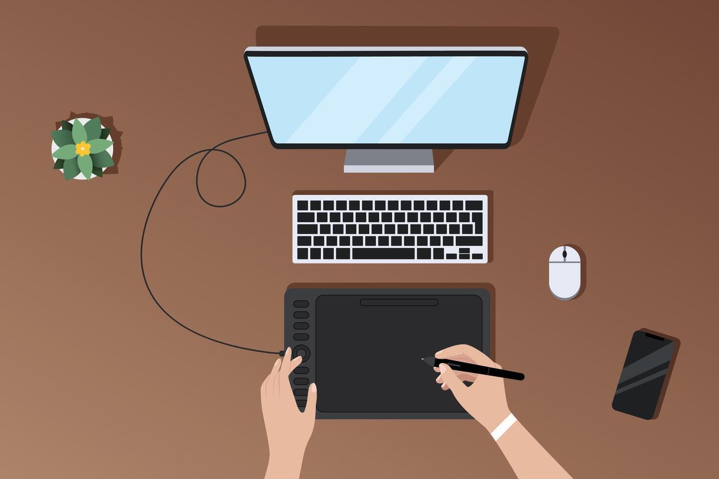 workflow of a illustrator or designer at the workplace top view of a computer, graphics tablet, phone and dried flowers, female hands drawing on a graphics tablet vector