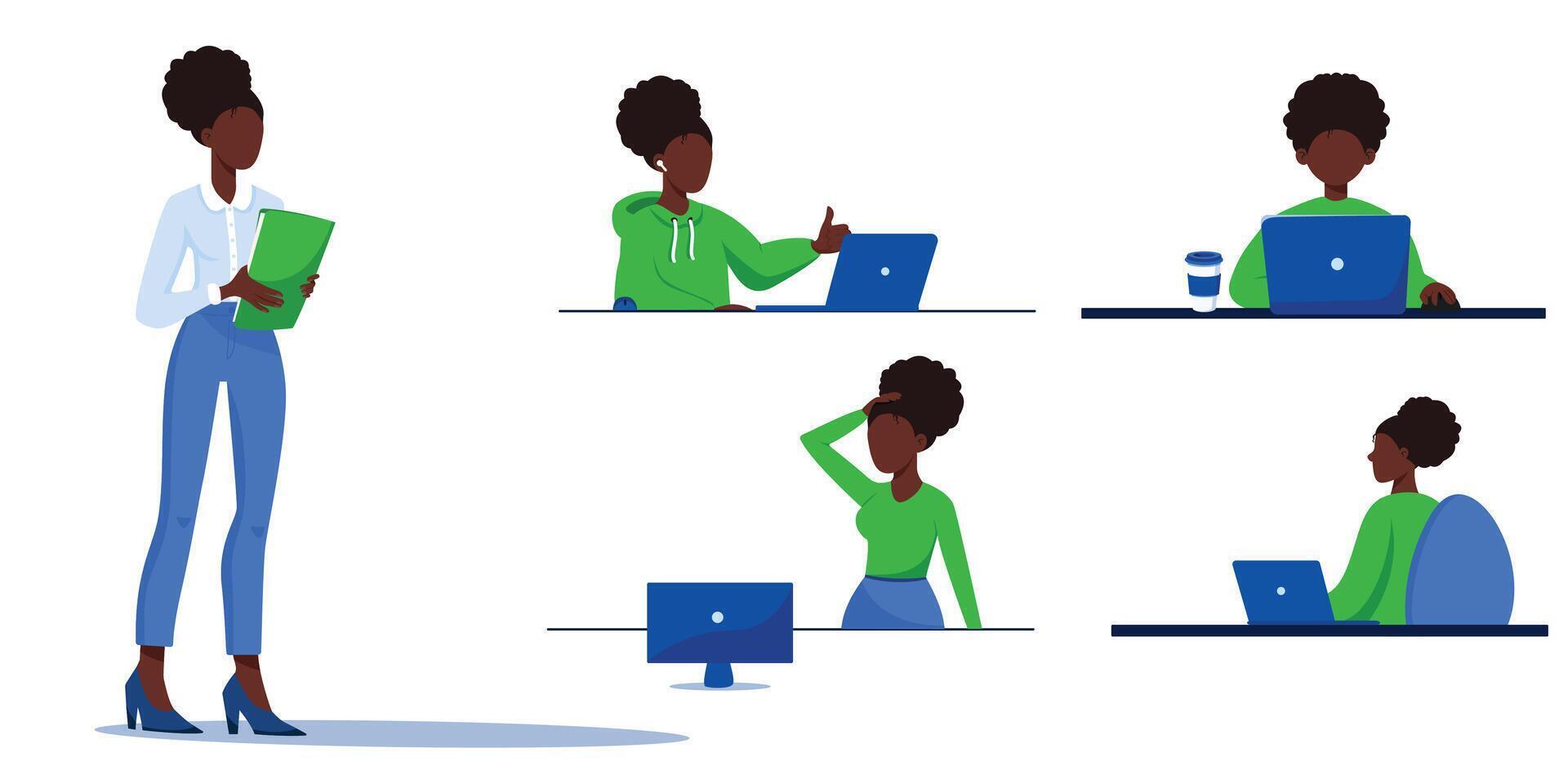 Flat illustration of an afro girl in the office. Manager, employee, job. Black girl without a face vector