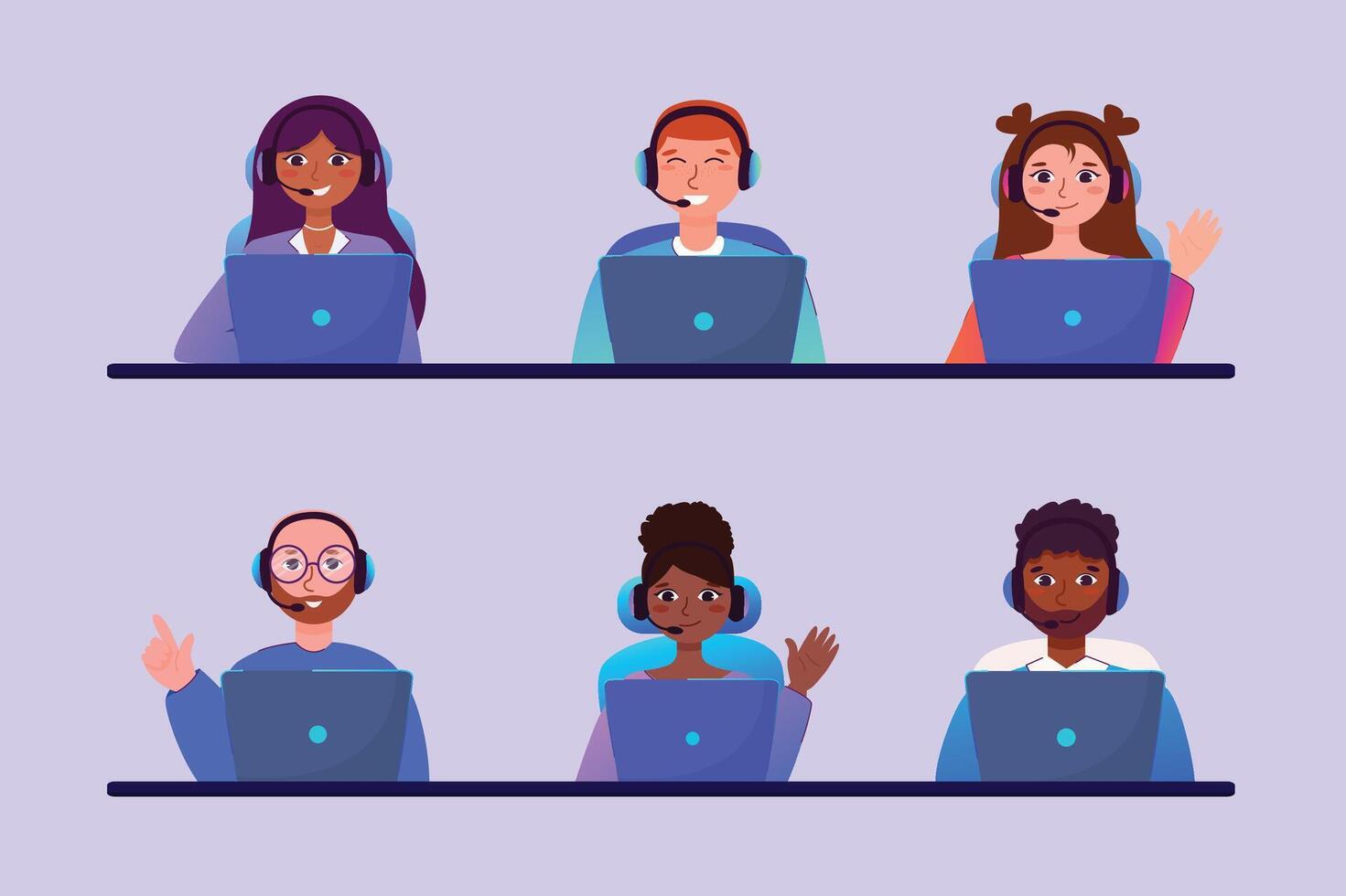 office workers, employees working on laptop with headphones side by side vector