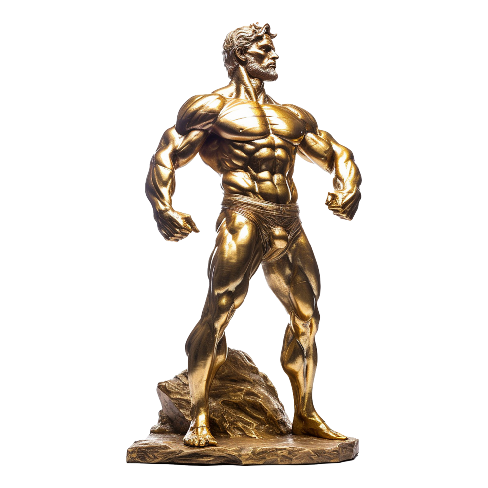 Golden statue of a muscular man isolated on transparent background png