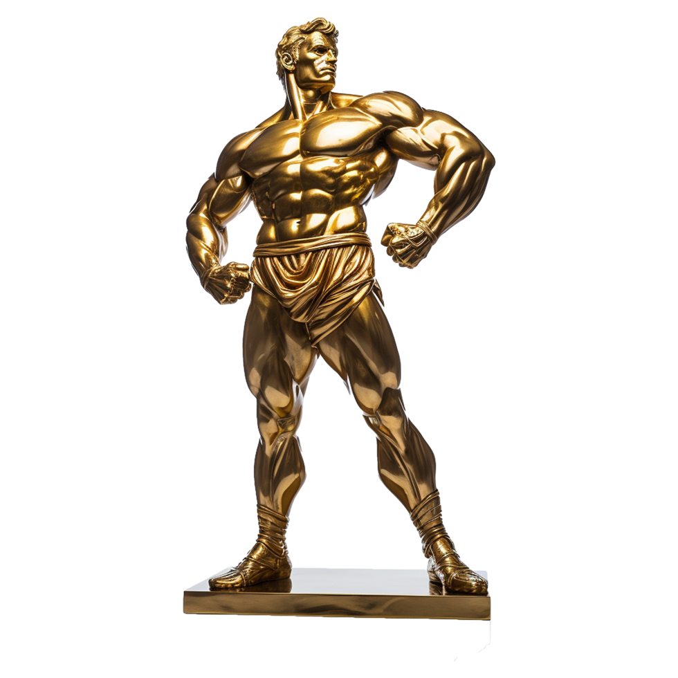 Golden statue of a muscular man isolated on transparent background png