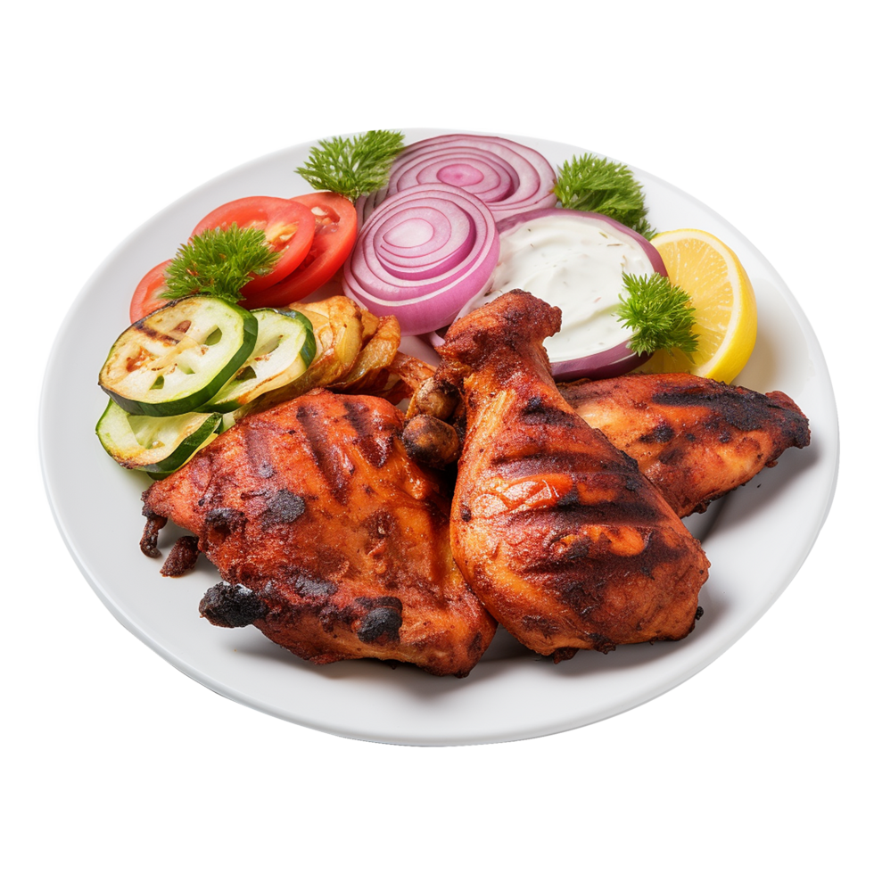 Tasty tandoori chicken plate with vegetable and lime slices on transparent background png