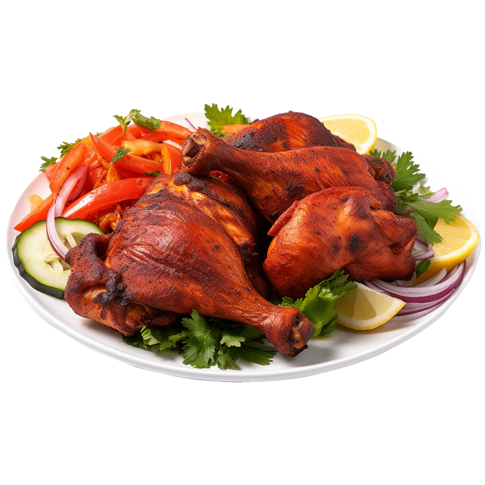 Tasty tandoori chicken plate with vegetable and lime slices on transparent background png