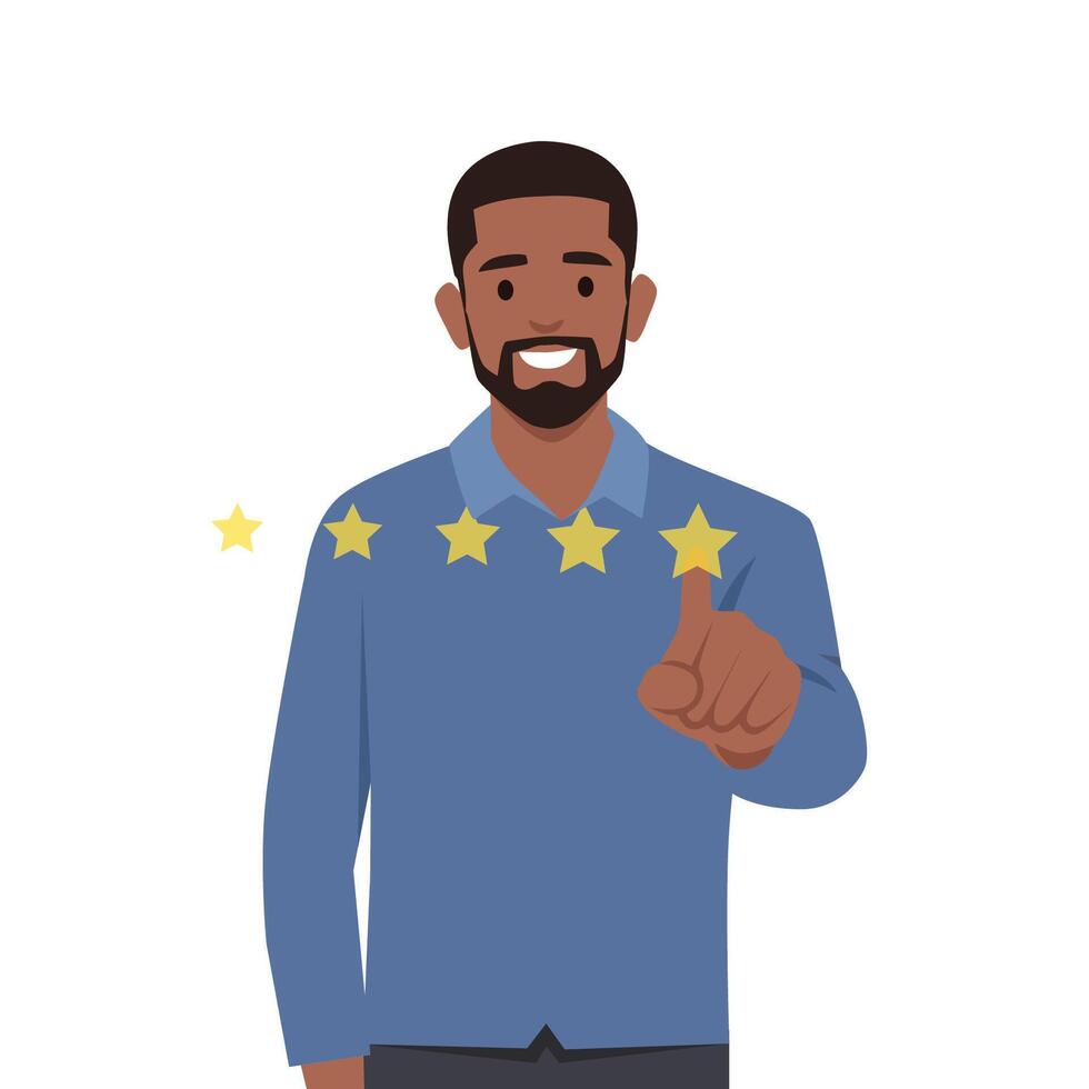 joven sonriente hombre personaje dando cinco estrella clasificación. vector