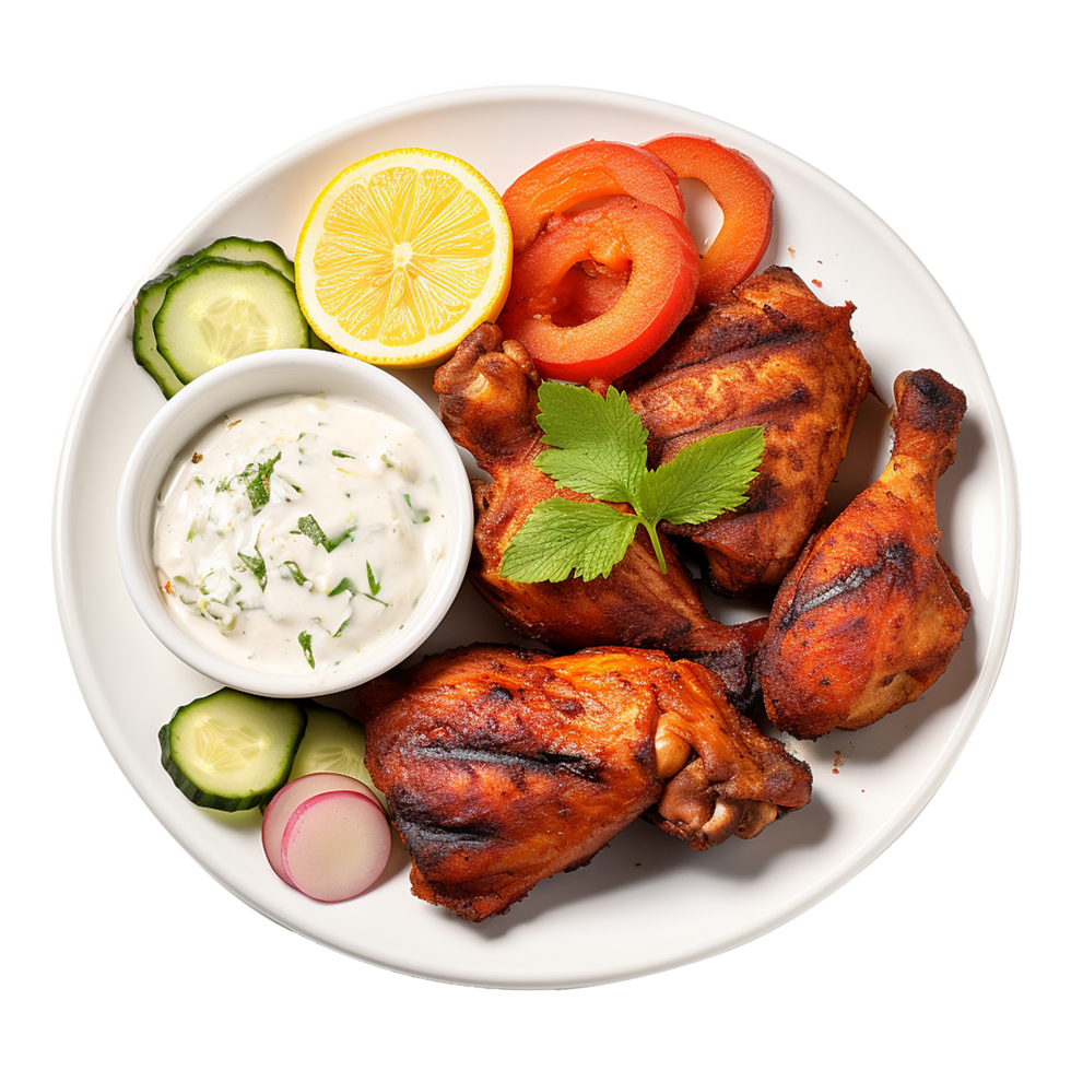 Tasty tandoori chicken plate with vegetable and lime slices on transparent background png