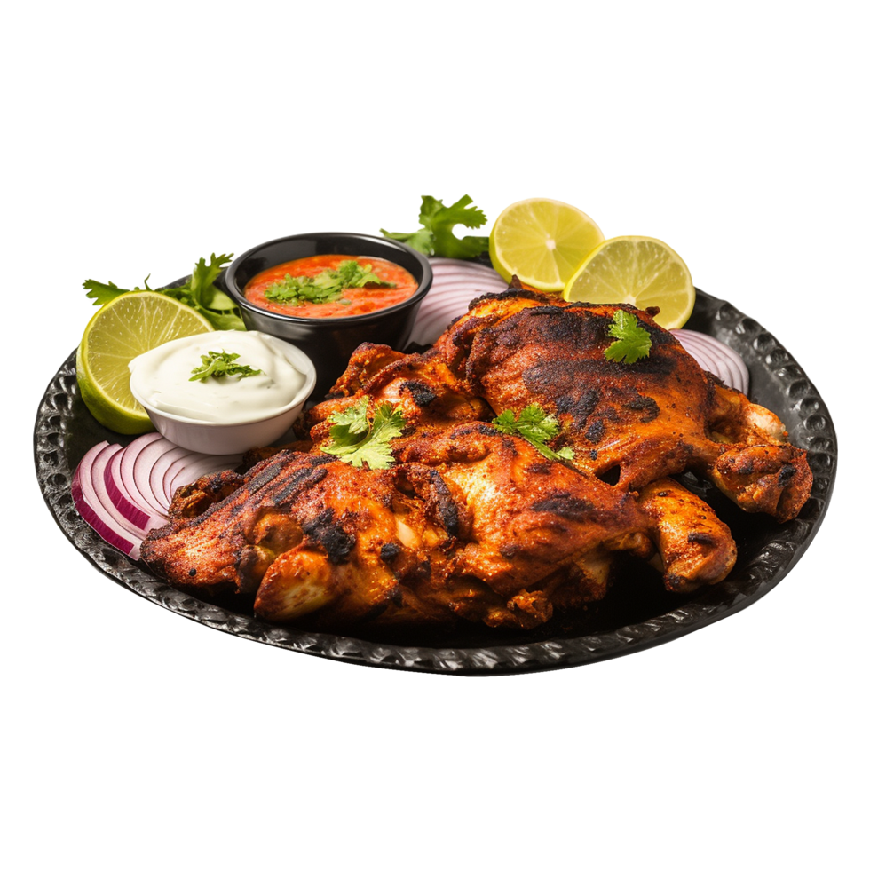 Tasty tandoori chicken plate with vegetable and lime slices on transparent background png