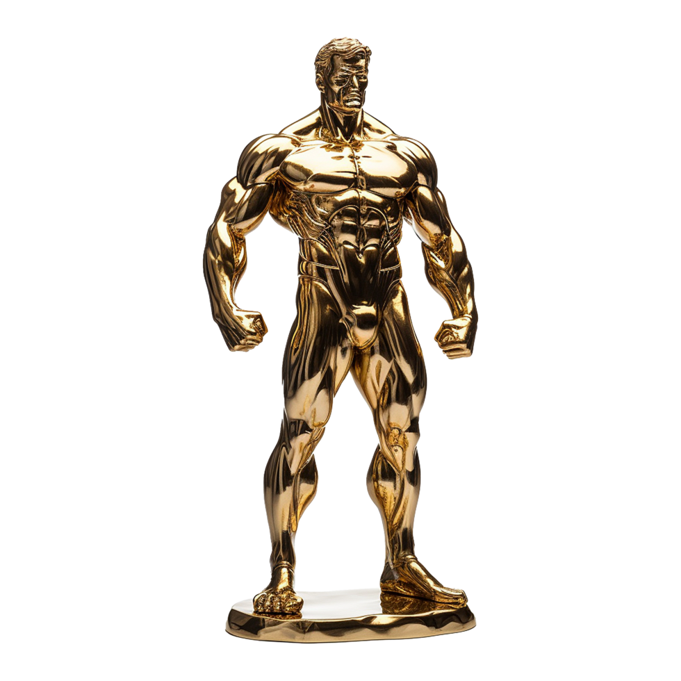 Golden statue of a muscular man isolated on transparent background png