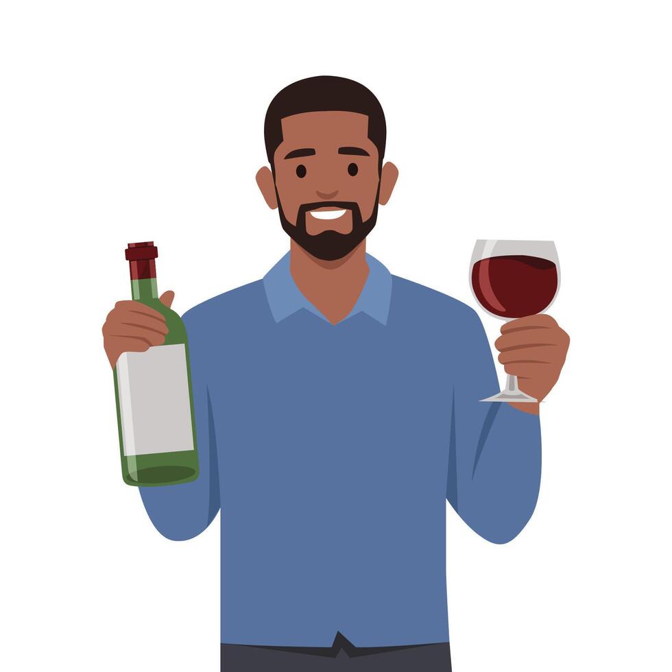 Young man character holding a bottle of wine. vector