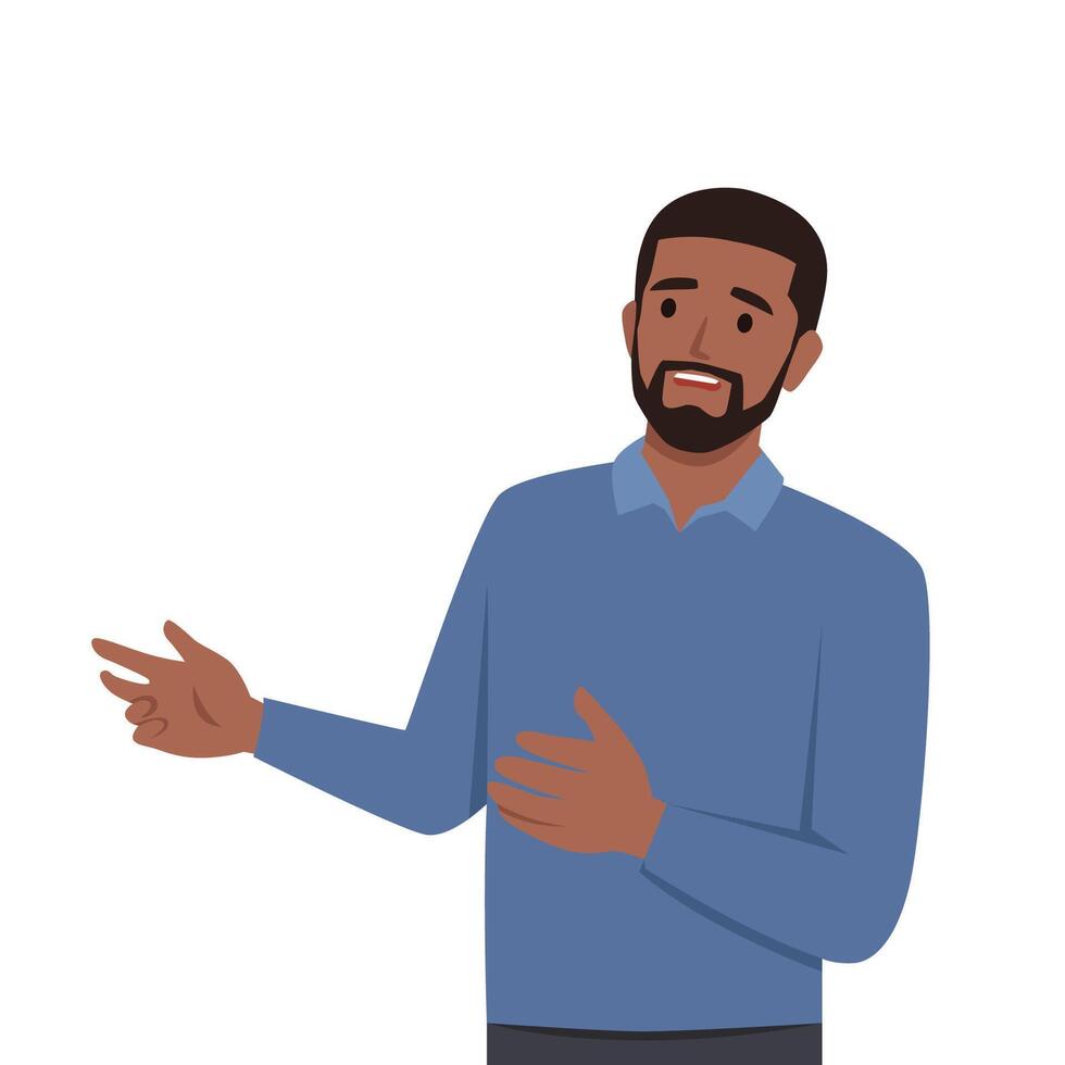 Young man character talking or communicating sharing his opinion. vector