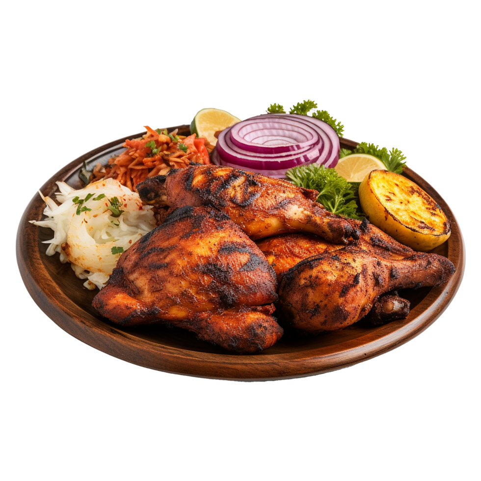 Tasty tandoori chicken plate with vegetable and lime slices on transparent background png