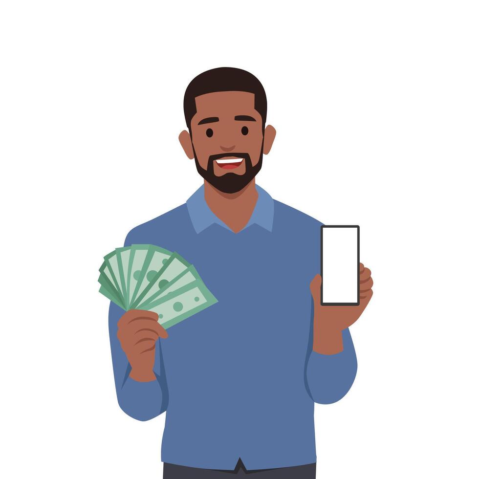 Young smiling man character holding money and showing his phone. vector