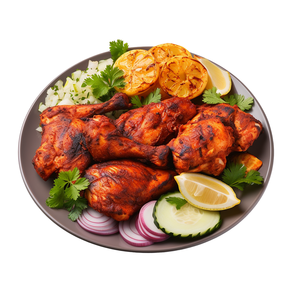 Tasty tandoori chicken plate with vegetable and lime slices on transparent background png