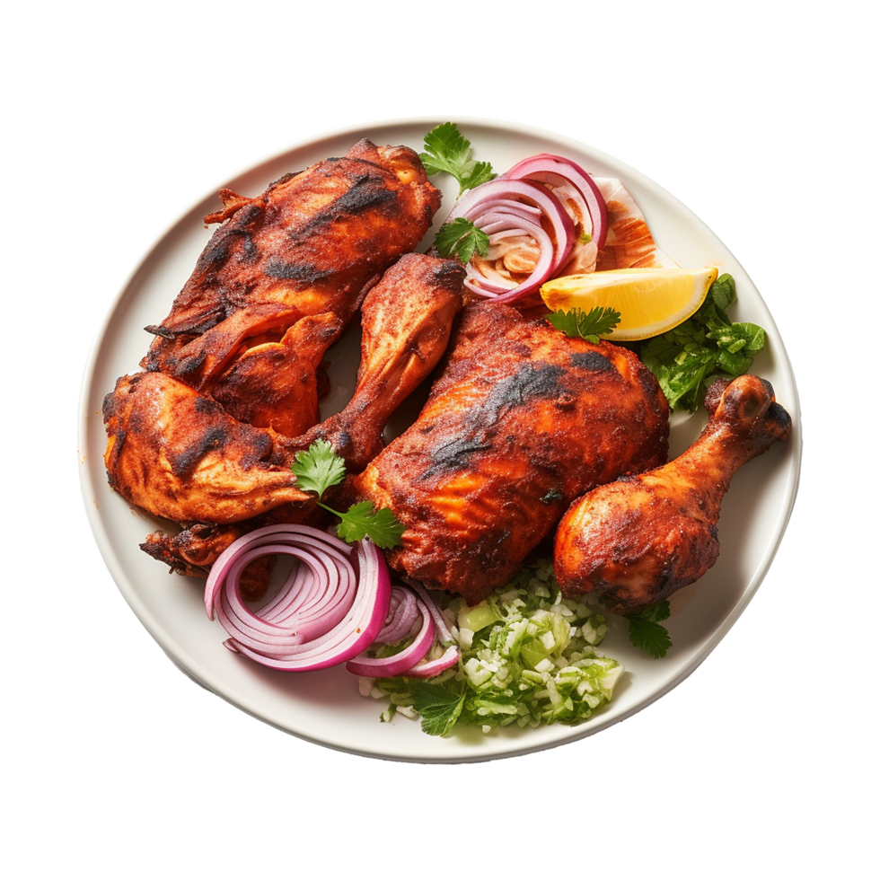 Tasty tandoori chicken plate with vegetable and lime slices on transparent background png