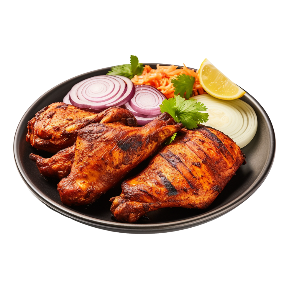 Tasty tandoori chicken plate with vegetable and lime slices on transparent background png