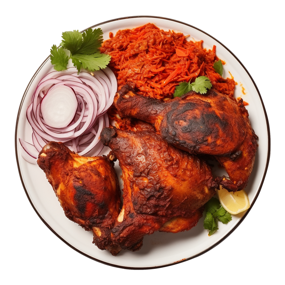 Tasty tandoori chicken plate with vegetable and lime slices on transparent background png