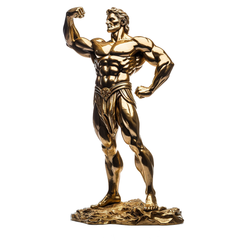 Golden statue of a muscular man isolated on transparent background png