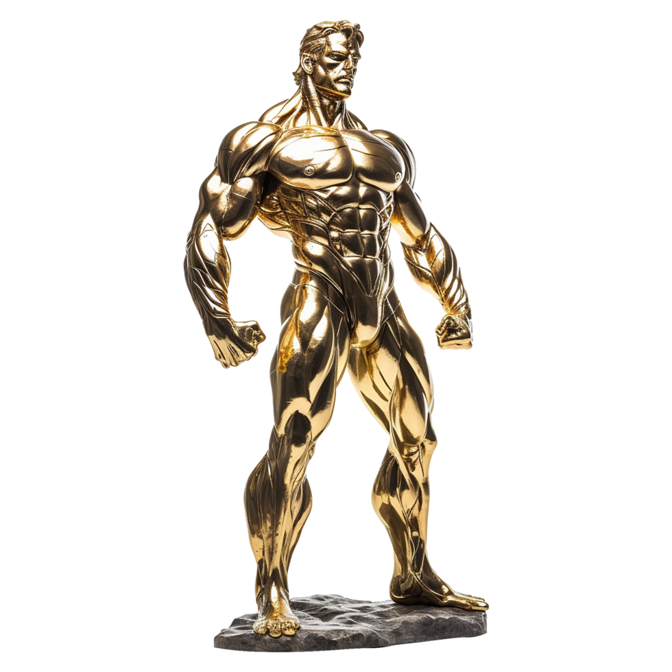 Golden statue of a muscular man isolated on transparent background png