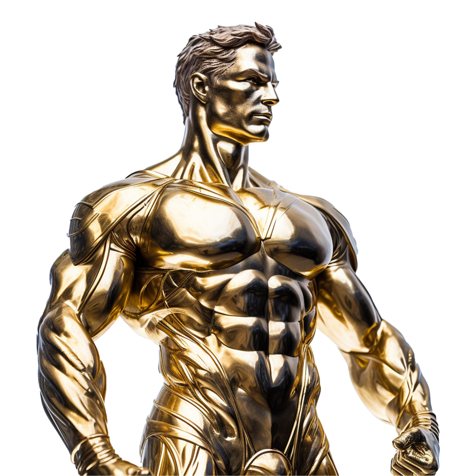 Golden statue of a muscular man isolated on transparent background png
