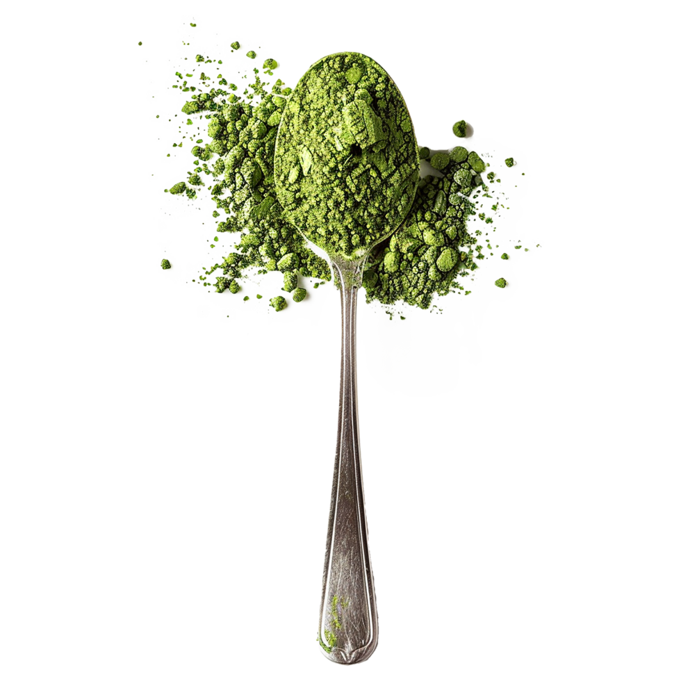 Matcha green tea powder in spoon isolated on transparent background png