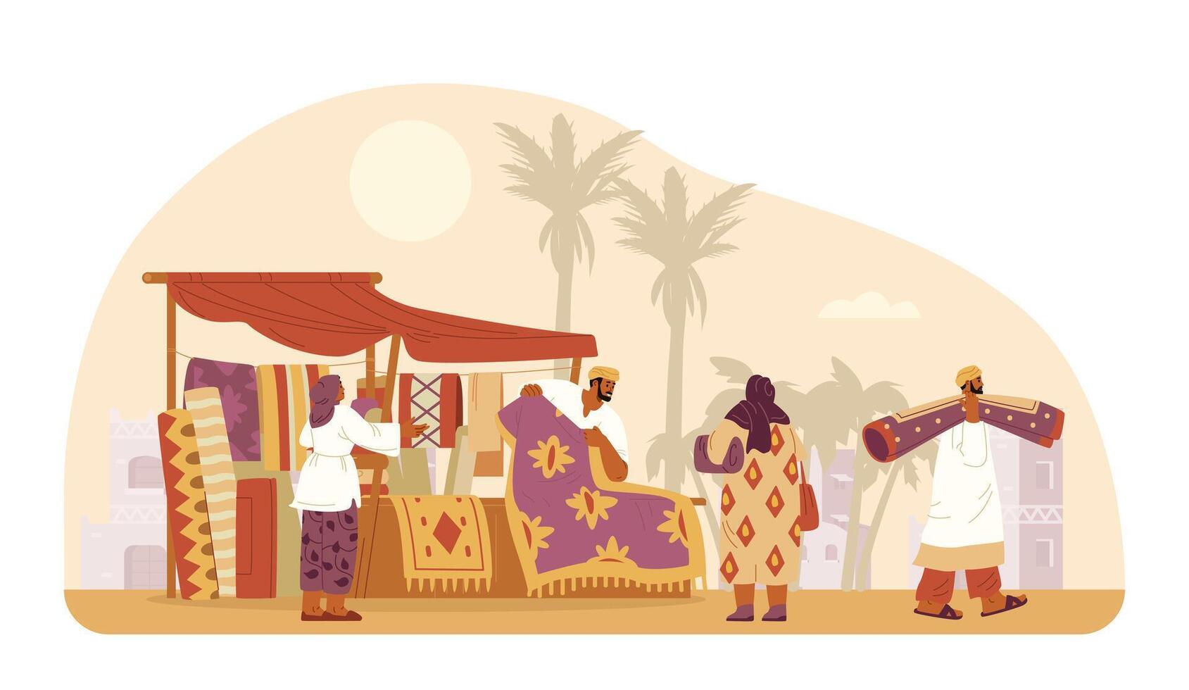 Middle Eastern carpets street shop with seller showing carpet and people choosing and buying flat illustration. Arabian street market. vector