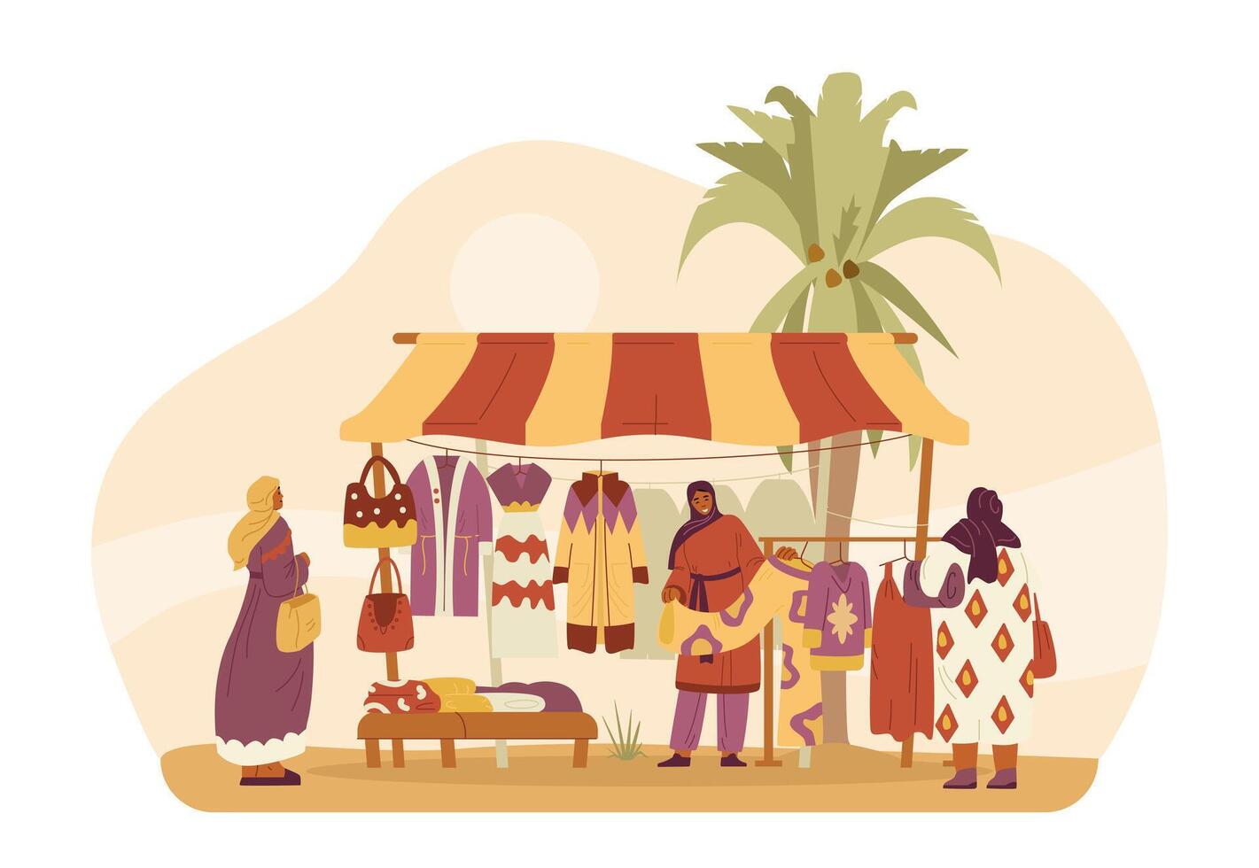 medio oriental tradicional ropa tienda con mujer vendedor y los compradores plano ilustración. vector