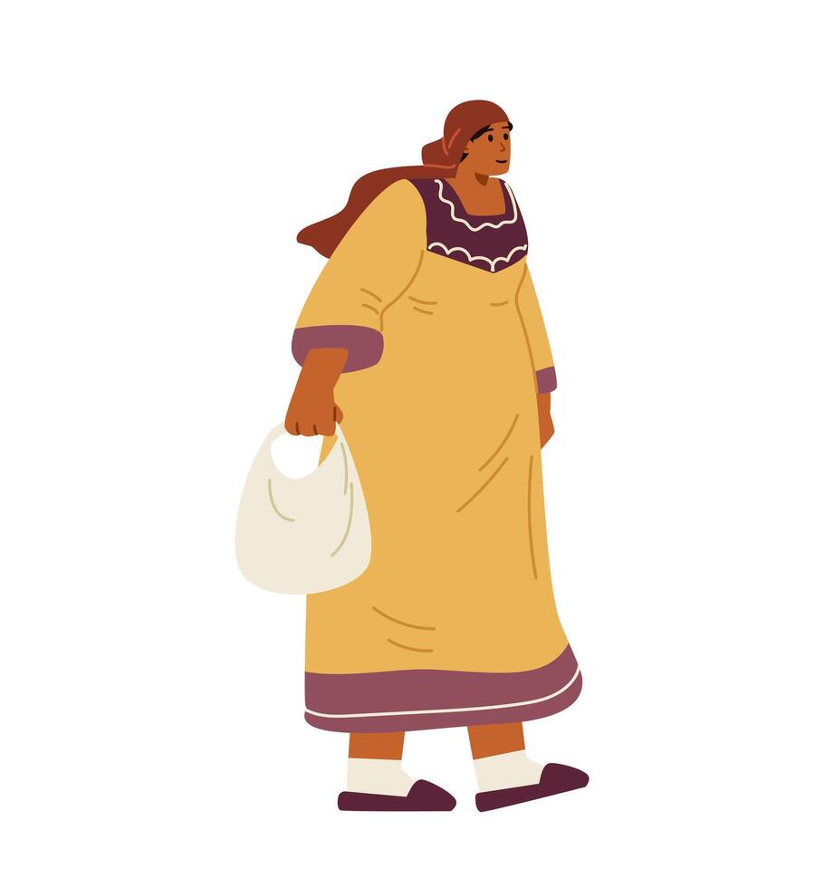 Middle Eastern woman walking holding a bag flat illustration isolated on white. vector