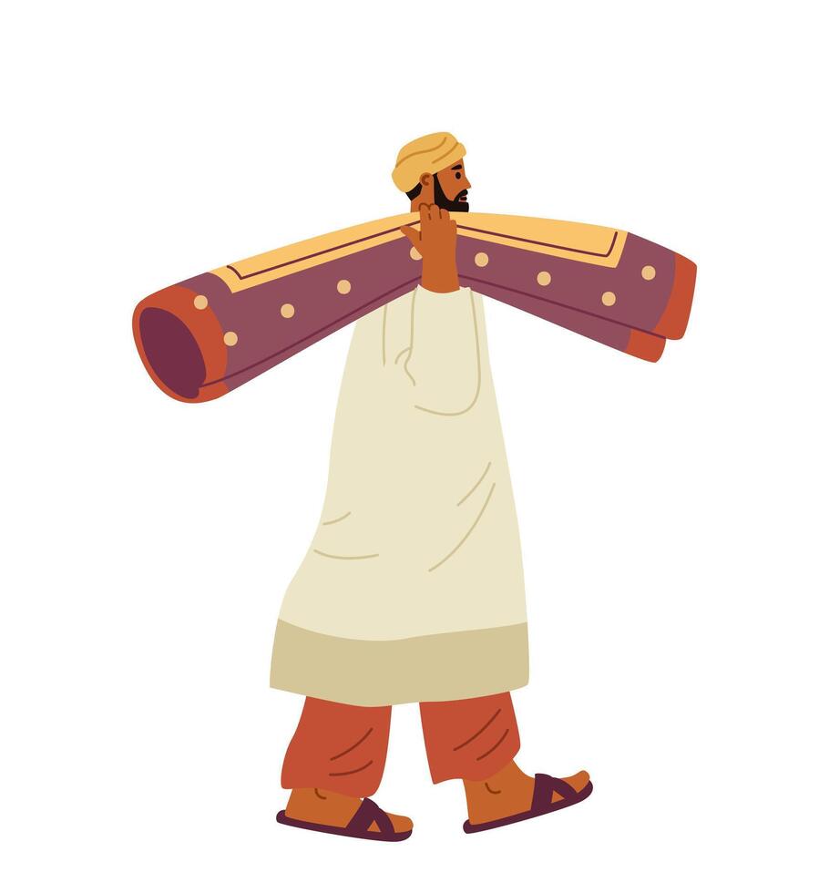 Arabian man walking with rolled up carpet on his shoulder flat illustration isolated on white. vector