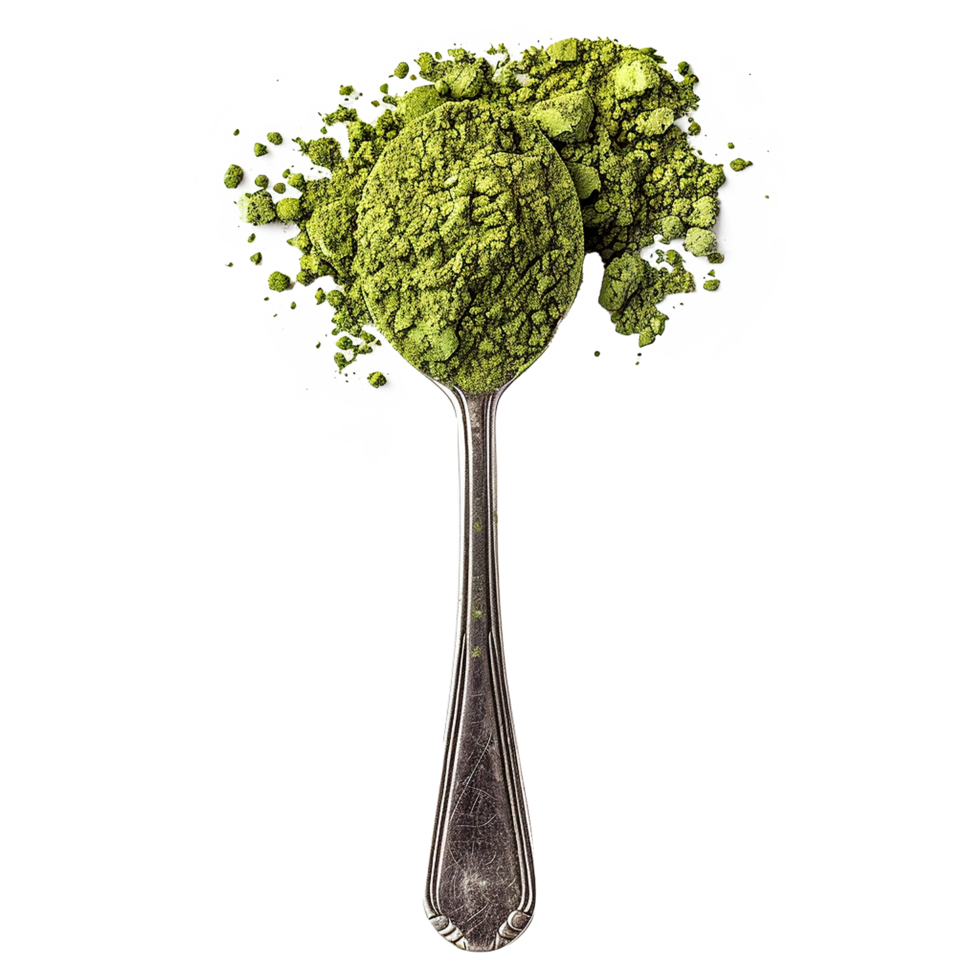 Matcha green tea powder in spoon isolated on transparent background png