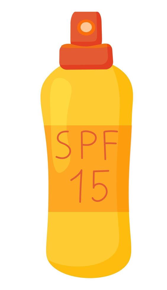 Sun cream in spray bottle. SPF 15. Lotion, mousse. Summer cosmetic. Sunblock, skin protection, sunscreen, skin care products. illustration. vector