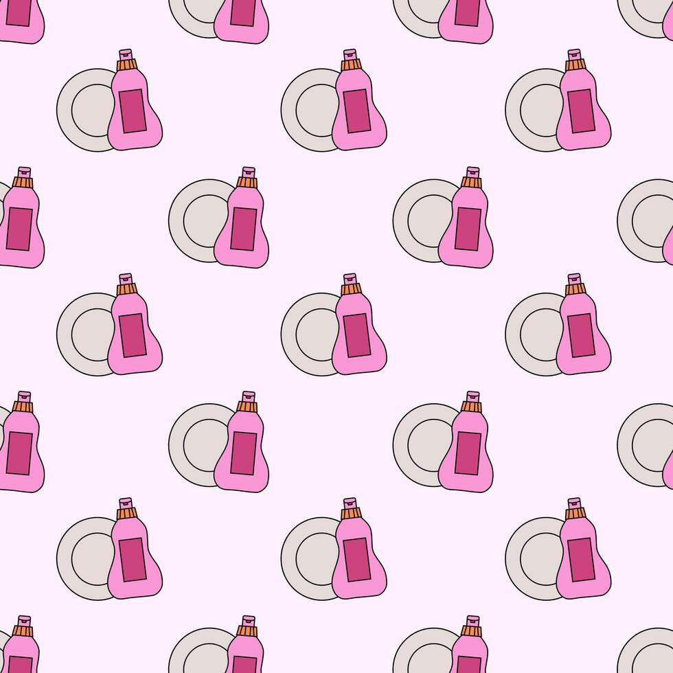 Seamless Pattern with Cleaning Tools Elements. Plate, washing up liquid. Dishwash in kitchen. Flat illustration. vector