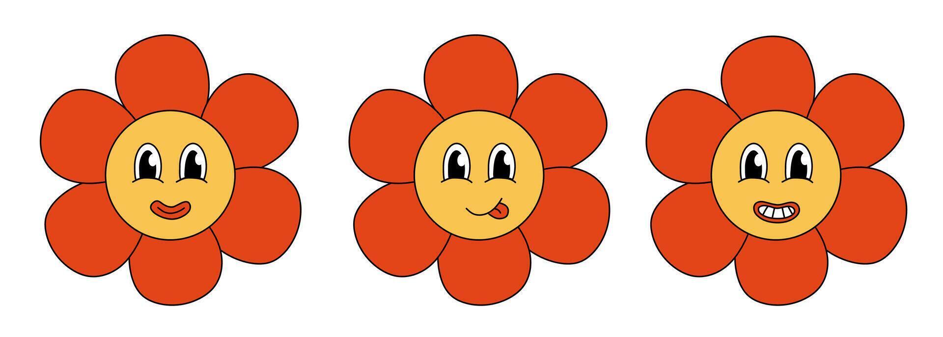 Retro 70s 60s 80s Hippie Groovy cute Red Flowers Set. Smiling face. Collection Flower power elements. illustration isolated on a white background. vector