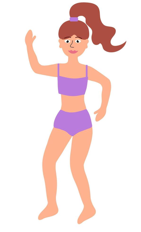 cuerpo positivo concepto. contento alto Delgado mujer en púrpura traje de baño rebote. dibujos animados plano ilustración. vector