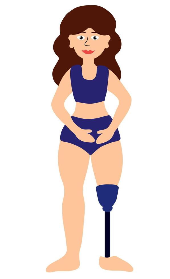 Body positive concept. Woman with Disability, prosthesis leg. Girl in swimsuit standing. Cartoon flat illustration. vector