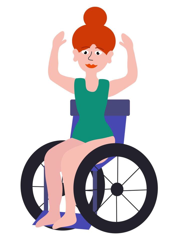 cuerpo positivo concepto. mujer con invalidez en silla de ruedas. contento pelirrojo niña en traje de baño. dibujos animados plano ilustración. vector