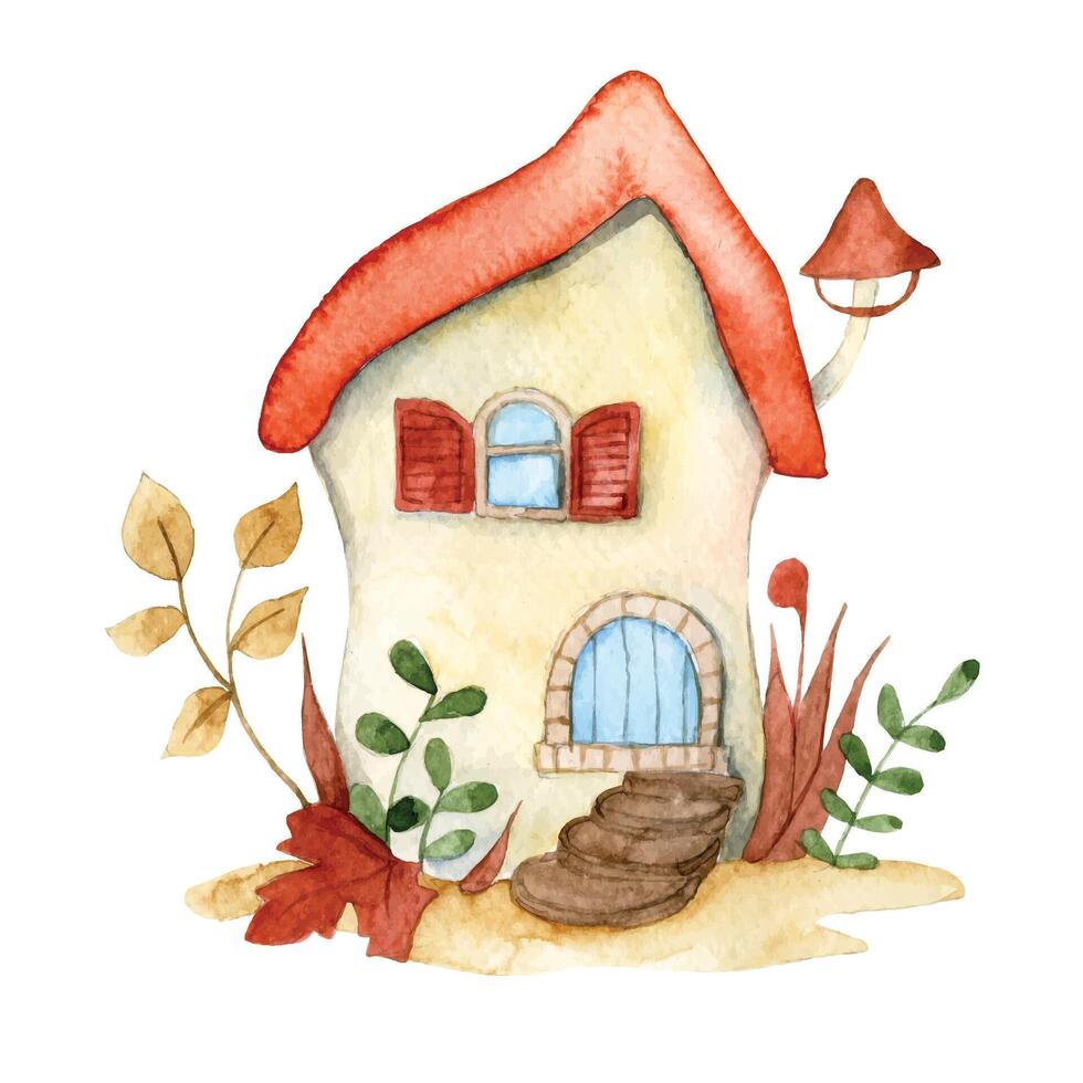 cute fairy house mushroom. watercolor drawing for children. house in the forest vector