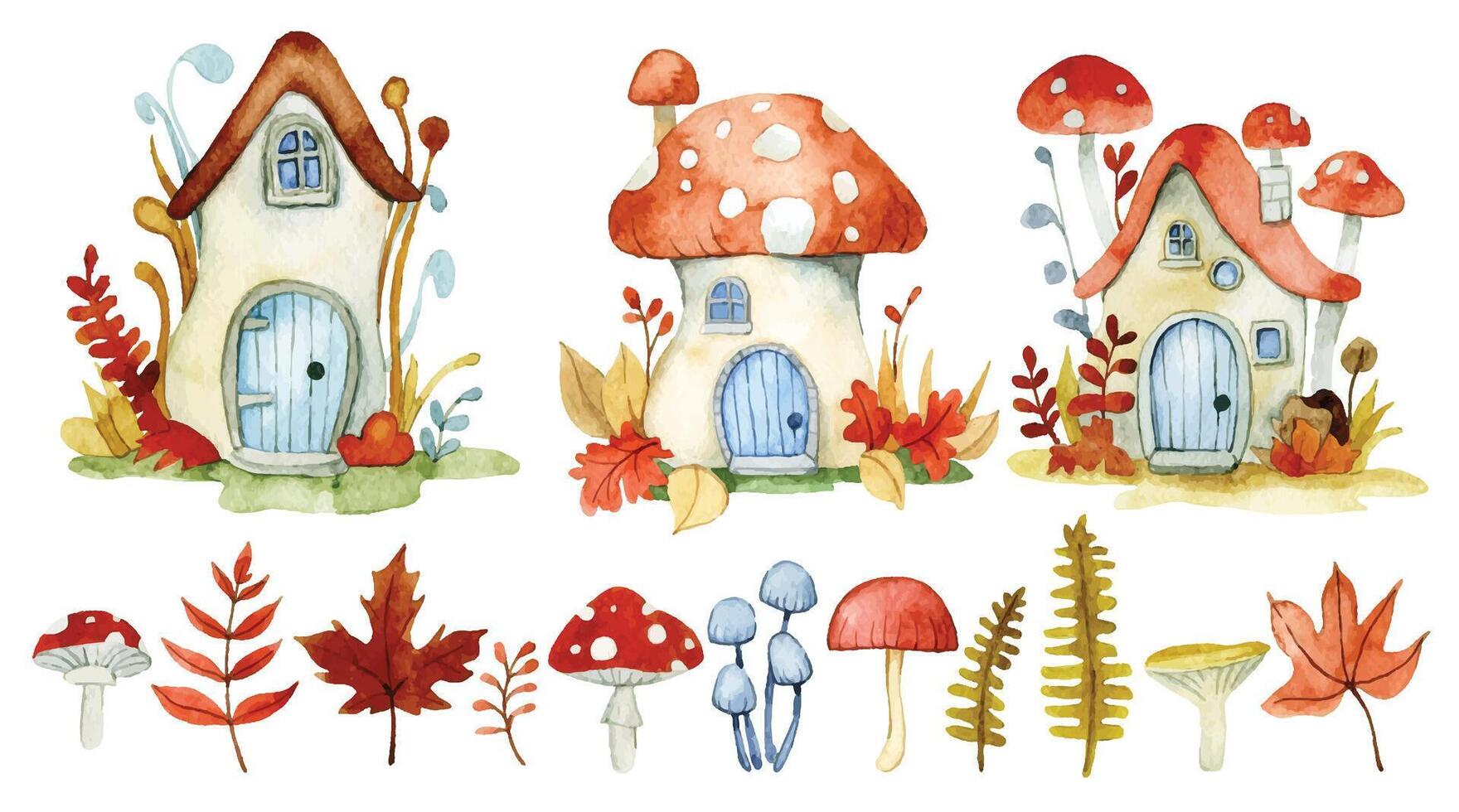 conjunto de linda hada seta casas, bosque hojas y hongos. acuarela dibujo dibujos animados vector