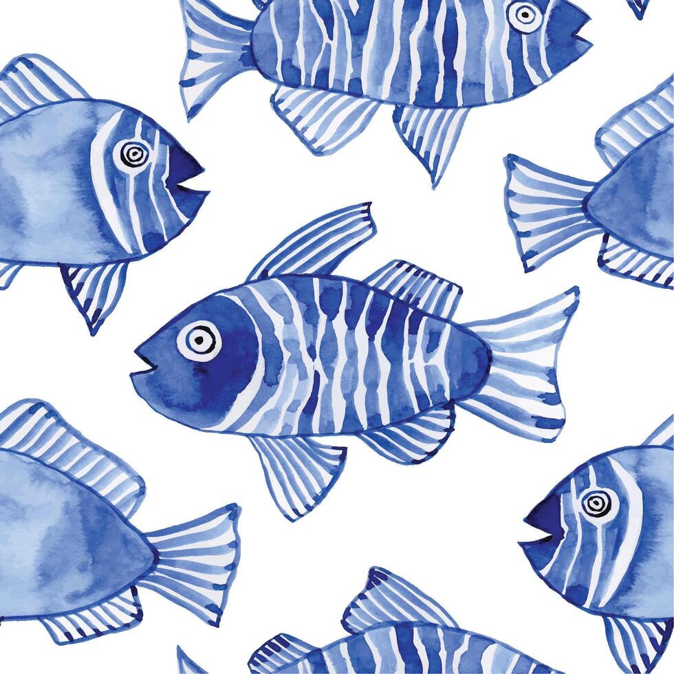 watercolor seamless pattern with fish. children's simple drawing blue fish on a white background. doodle vector