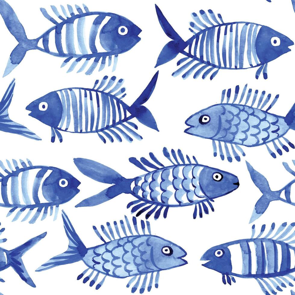 watercolor seamless pattern with fish. children's simple drawing blue fish on a white background. doodle vector