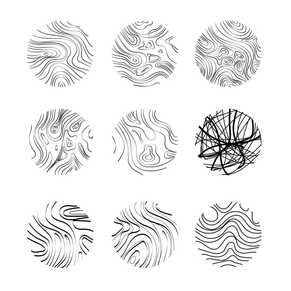 Hand drawn tree bark circle pattern. Abstract line art elements set collection vector