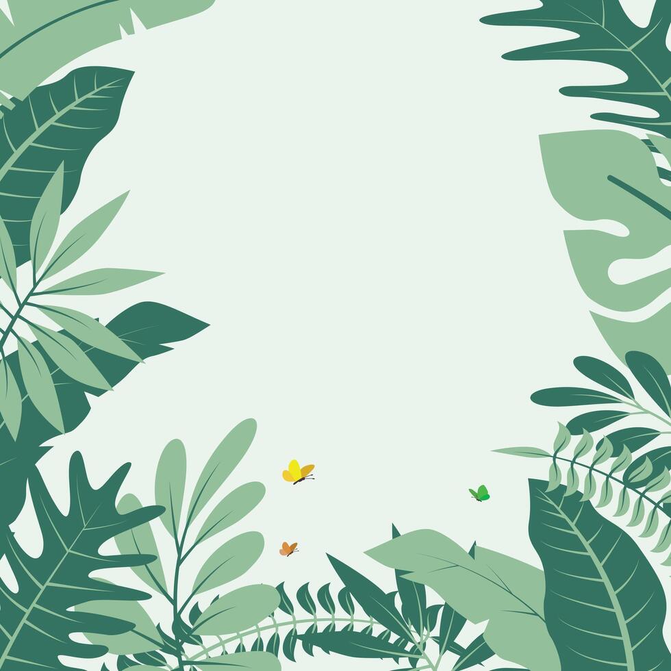 Green foliage empty background. Tropical green leaves border vector