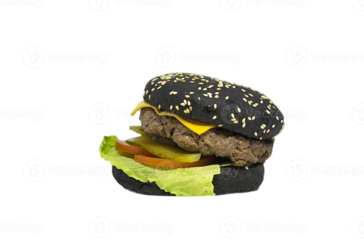 Fresh burger with meat and black bun isolated photo