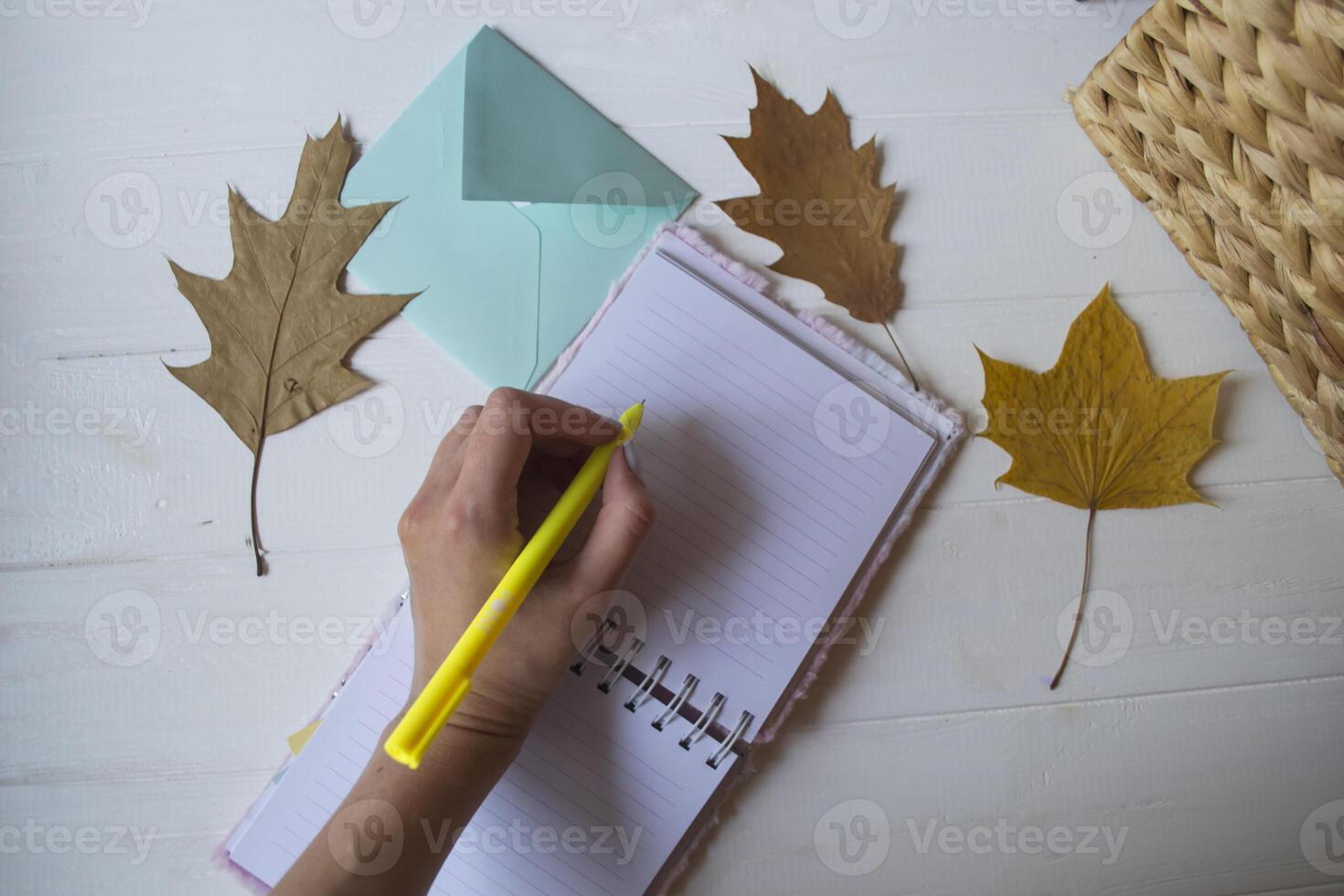 Woman writing in the notebook. Autumn leaves on the desktop. photo