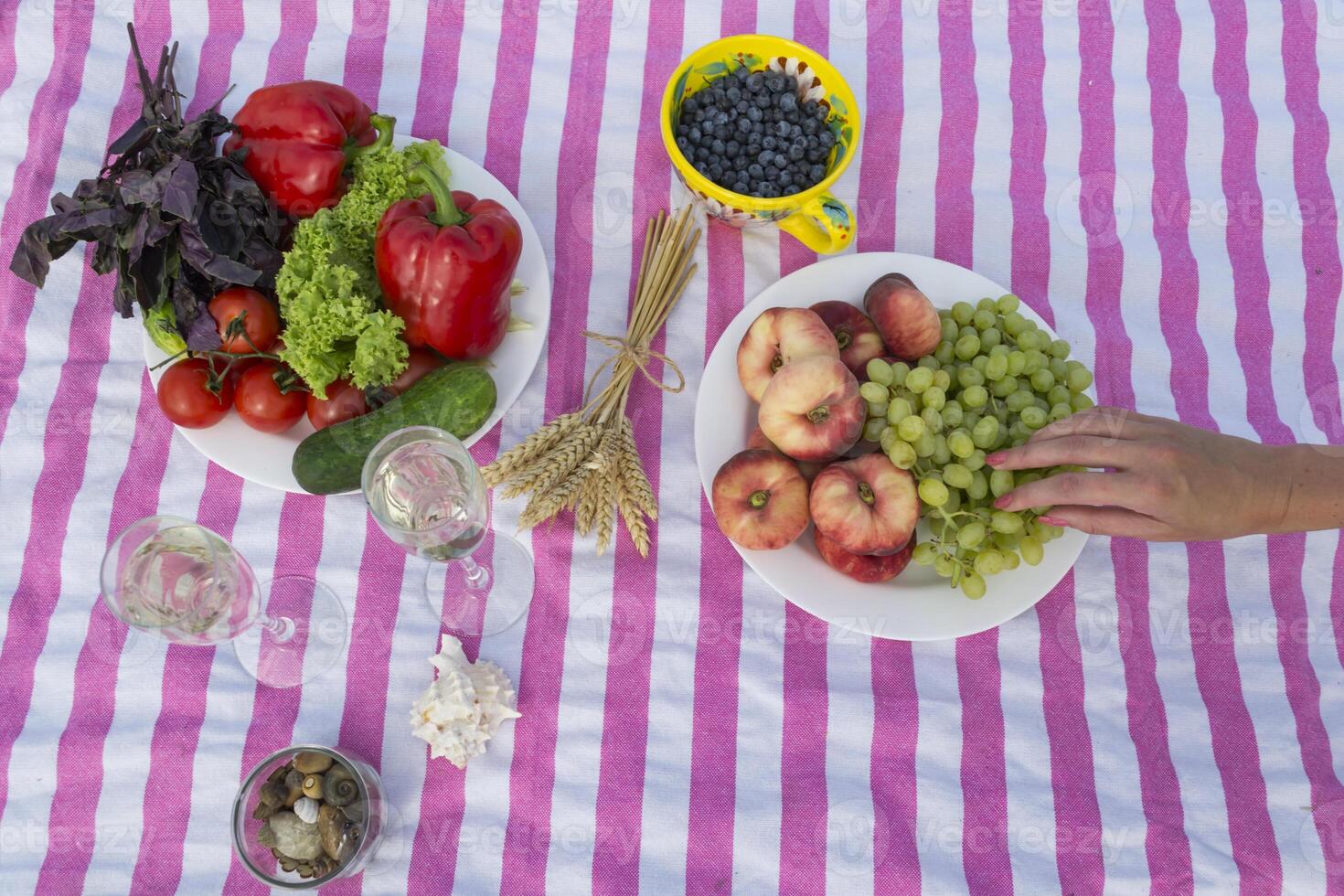 Beautiful picnic with fruits, vegetables and glasses of wine near lake. photo