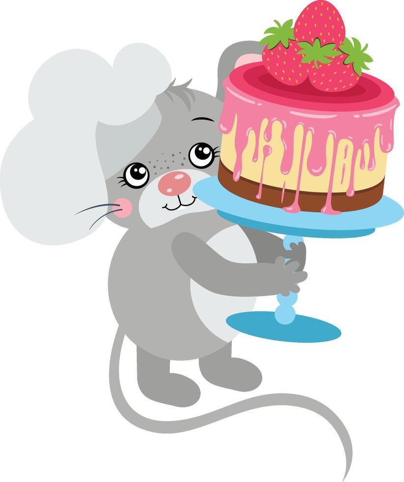 Cook mouse holding a strawberry cake vector