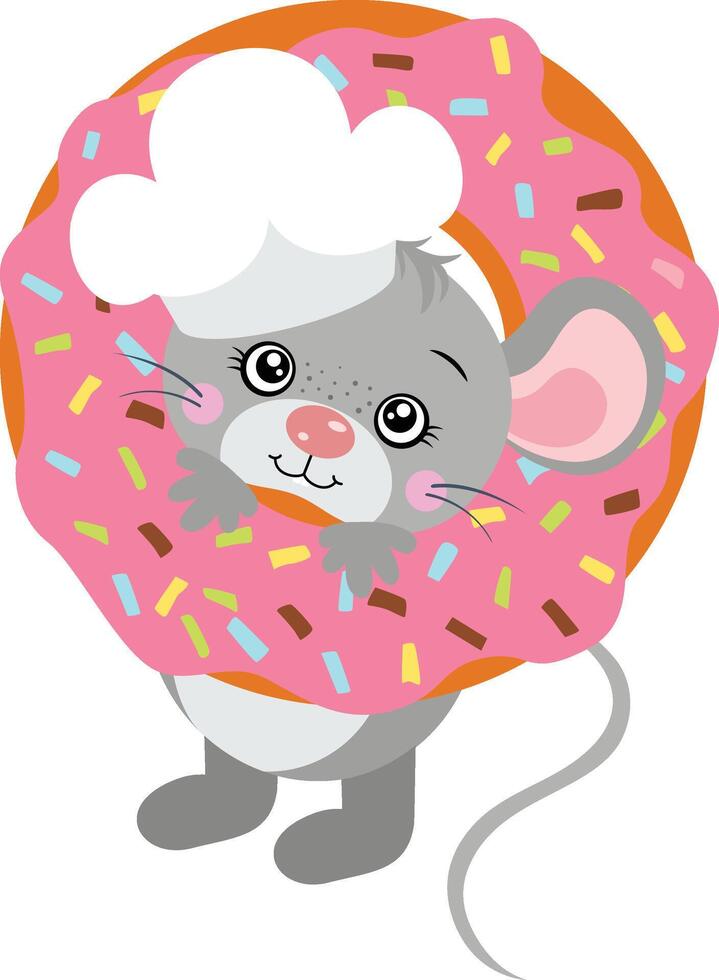 Cook mouse peeking on strawberry donut vector