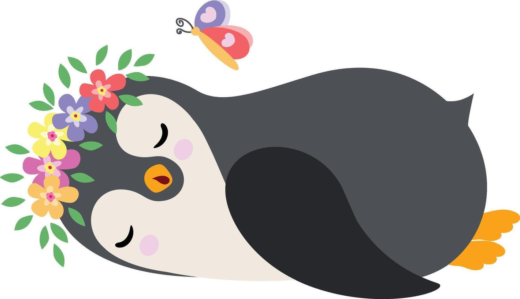 encantador pingüino dormido con guirnalda floral en cabeza vector