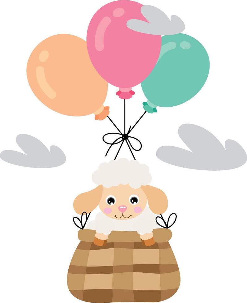 adorable oveja volador en cesta con globos vector